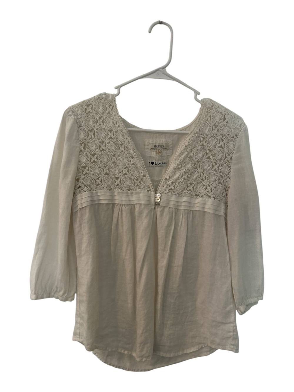 Malvin I Love Linen Cream Lace-Yoke Linen Blend Peasant Top